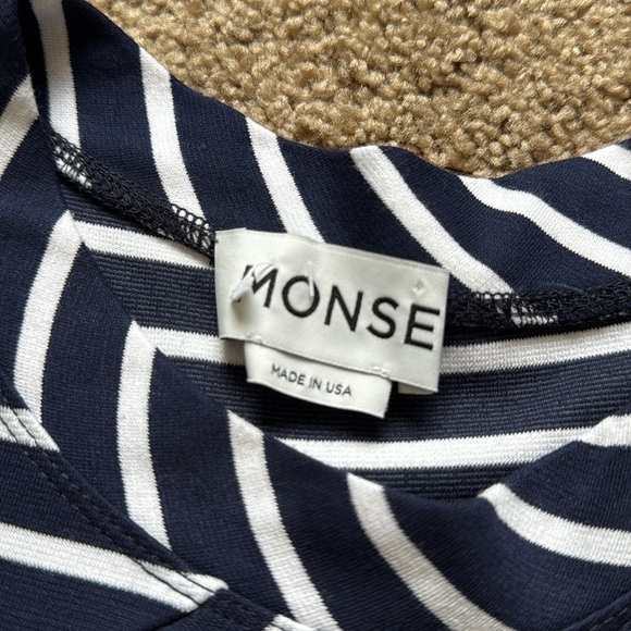 Monse Navy Blue White Striped Asymmetrical Short Sleeve T Shirt Top - Picture 2 of 7